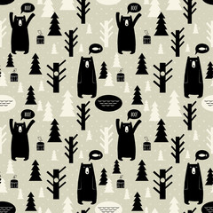 Seamless pattern with forest and bears. Vector background with b - 63369673