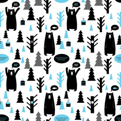 Seamless pattern with forest and bears. Vector background with b - 63369681