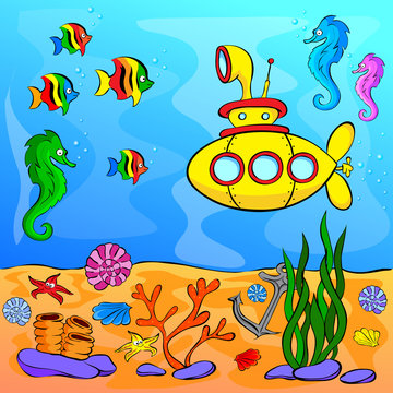Underwater world with yellow submarine