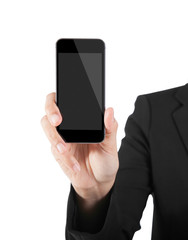 Business Woman Showing blank display of touch mobile cell phone