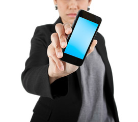 Business Woman Showing blank display of touch mobile cell phone