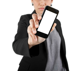 Business Woman Showing blank display of touch mobile cell phone