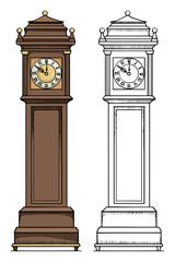 Old vintage clock, colored, and black and white outline