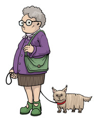 Old fat lady with a tiny dog, cartoon character