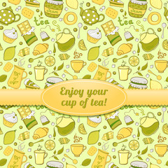 Tea and sweets seamless pattern with label