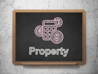 Finance concept: Calculator and Property on chalkboard