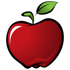 Cartoon shiny delicious red vector fresh apple with green leaf