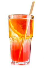 Red alcohol cocktail in glass with orange slice isolated