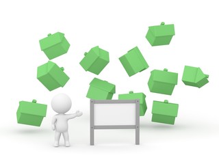 3D Small Green Houses Flying Real Estate Properties