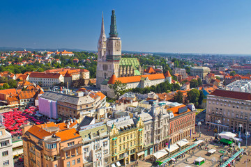 Zagreb main square and cathedral aerial view - obrazy, fototapety, plakaty