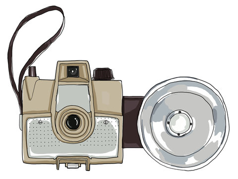 Brown vintage camera with flash