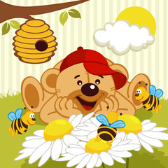 teddy bear watching bees on daisy - vector illustration