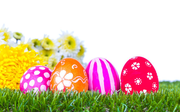 Easter Eggs with flower on Fresh Green Grass over white backgrou