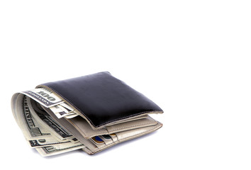 Old black wallet with dollar  isolated on white background