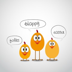 Happy Easter with three funny chick and sign