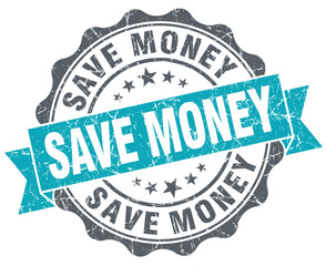 Save money turquoise grunge retro style isolated seal