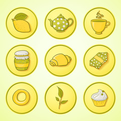 Set tea and sweets round icons