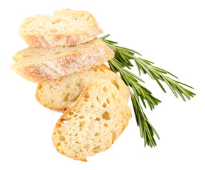 Fresh bread and rosemary isolated on white
