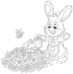 Easter Bunny watering flowers