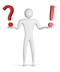 3d man holding question mark and exclamation point