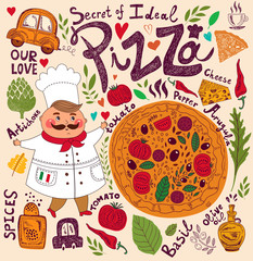 Obraz premium Pizza design menu with chef