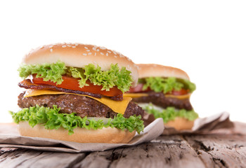 delicious hamburger on wood