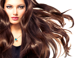 Fashion Model Girl Portrait with Long Blowing Hair