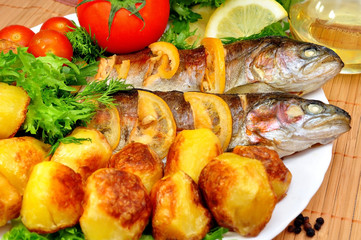 grilled trout with fresh herbs, vegetables and lemon