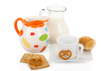 French breakfast (coffee, milk, croissant) isolated on white bac