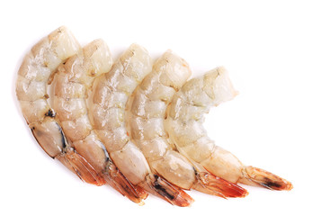 Close up of three fresh shrimps.