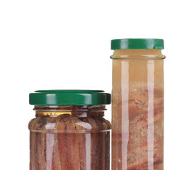 Jar of anchovy fillets. Close up.