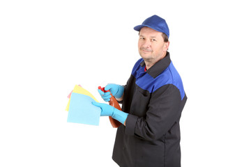 Man holds spray bottle and sponge