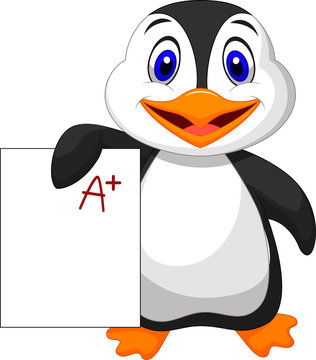 Cute penguin showing A plus grade
