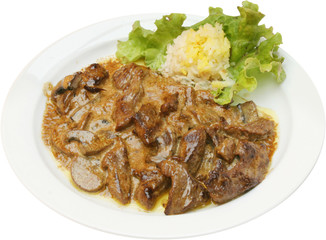 Grilled veal dish served with potato puree and mushrooms