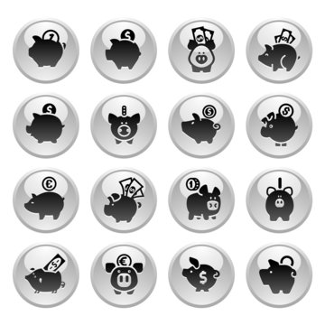 Piggy Bank, set icons on round gray button