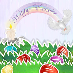 Pigeon and candle over easter eggs background