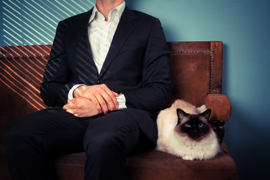 Young man and cat relaxing on sofa