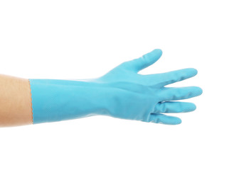Blue latex glove on hand.