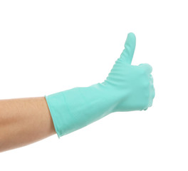 Latex glove on hand.