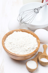 flour, salt, sugar and eggs for baking