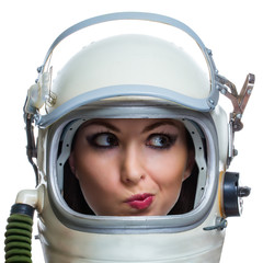 Young smiling woman wearing vintage space helmet isolated on whi