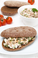 sandwich of rye bread with tuna, homemade cheese and dill
