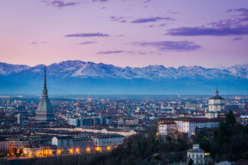 Turin (Torino), twilight panorama with Mole Antonelliana and Alp
