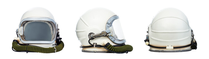 Set of astronaut helmets isolated on a white background.
