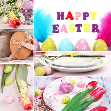 Easter collage with easter eggs and table setting