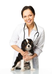 Young positive brunette veterinary woman with spaniel