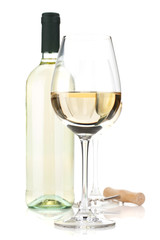 White wine glasses, bottle and corkscrew