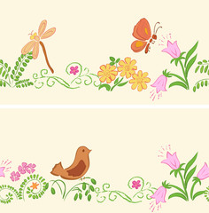 seamless ornaments with flora and fauna - vector