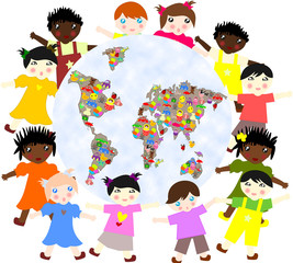 Children of different around races  planet with toys