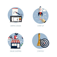 Icons for graphic design, start up, online shopping and strategy